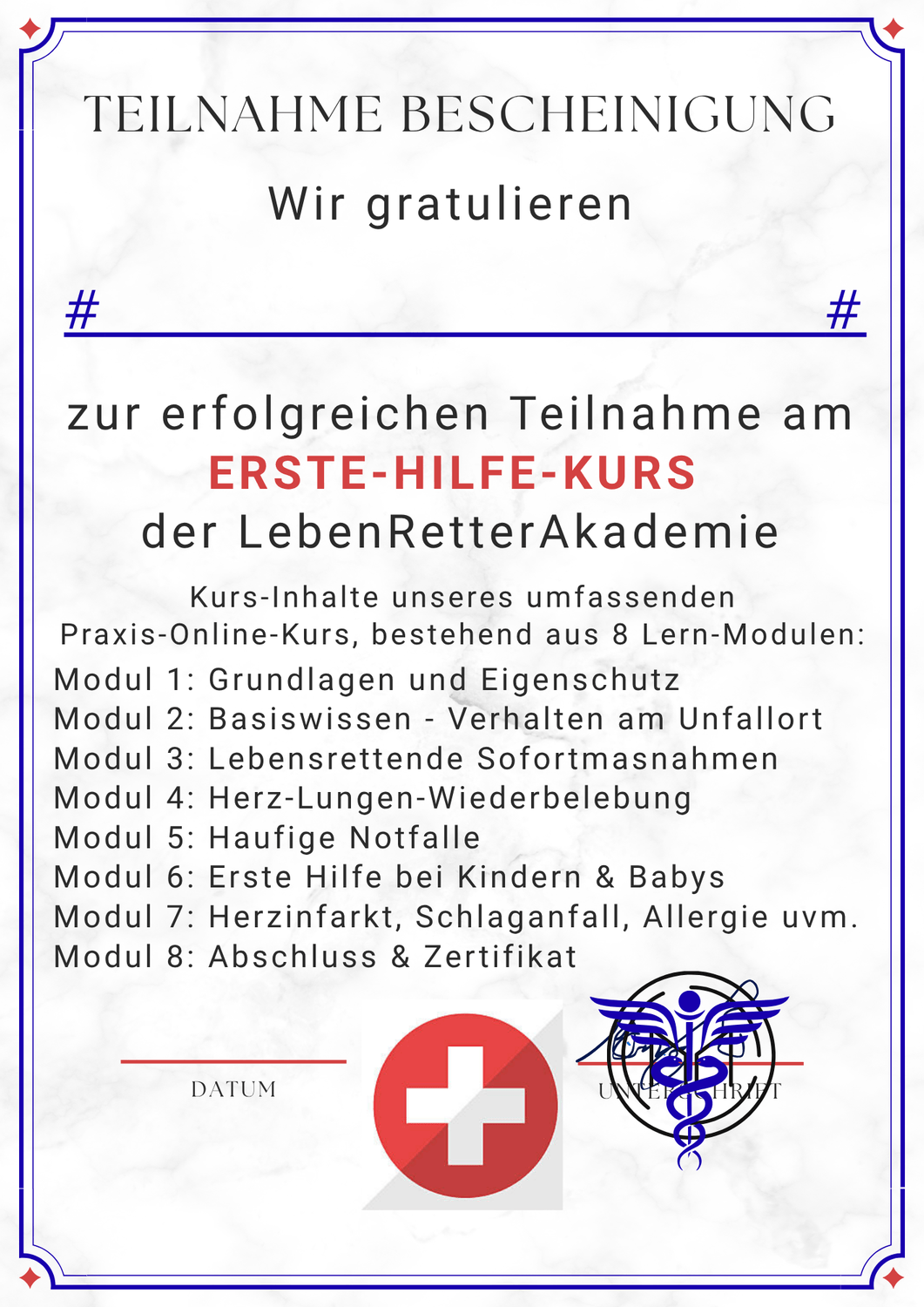 Teilnahmebescheinigung des LebenRetten24 Erste-Hilfe-Onlinekurses – offizieller Nachweis über erfolgreich absolvierte Erste-Hilfe-Schulung gemäß aktuellen Richtlinien.