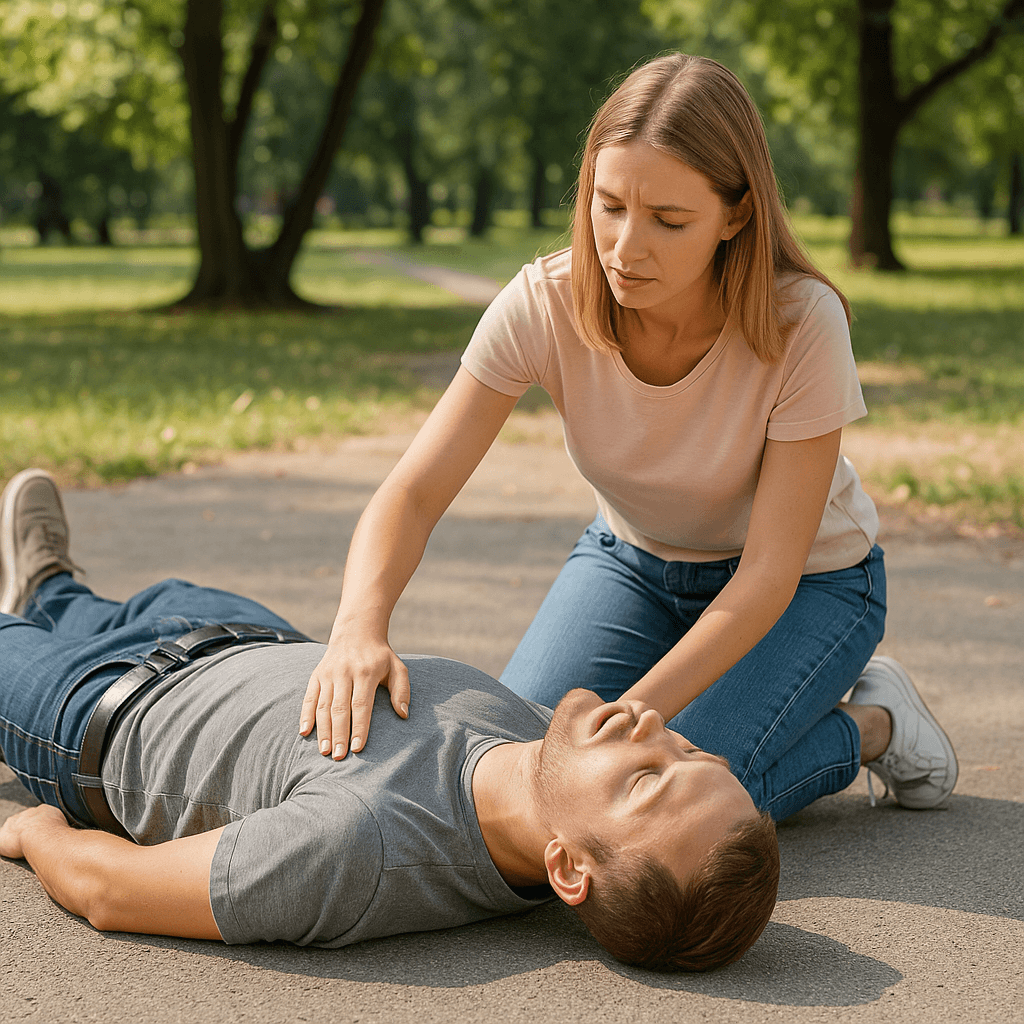 Sofortmaßnahmen bei Kreislaufkollaps – Frau leistet Erste Hilfe bei bewusstlosem Mann im Park