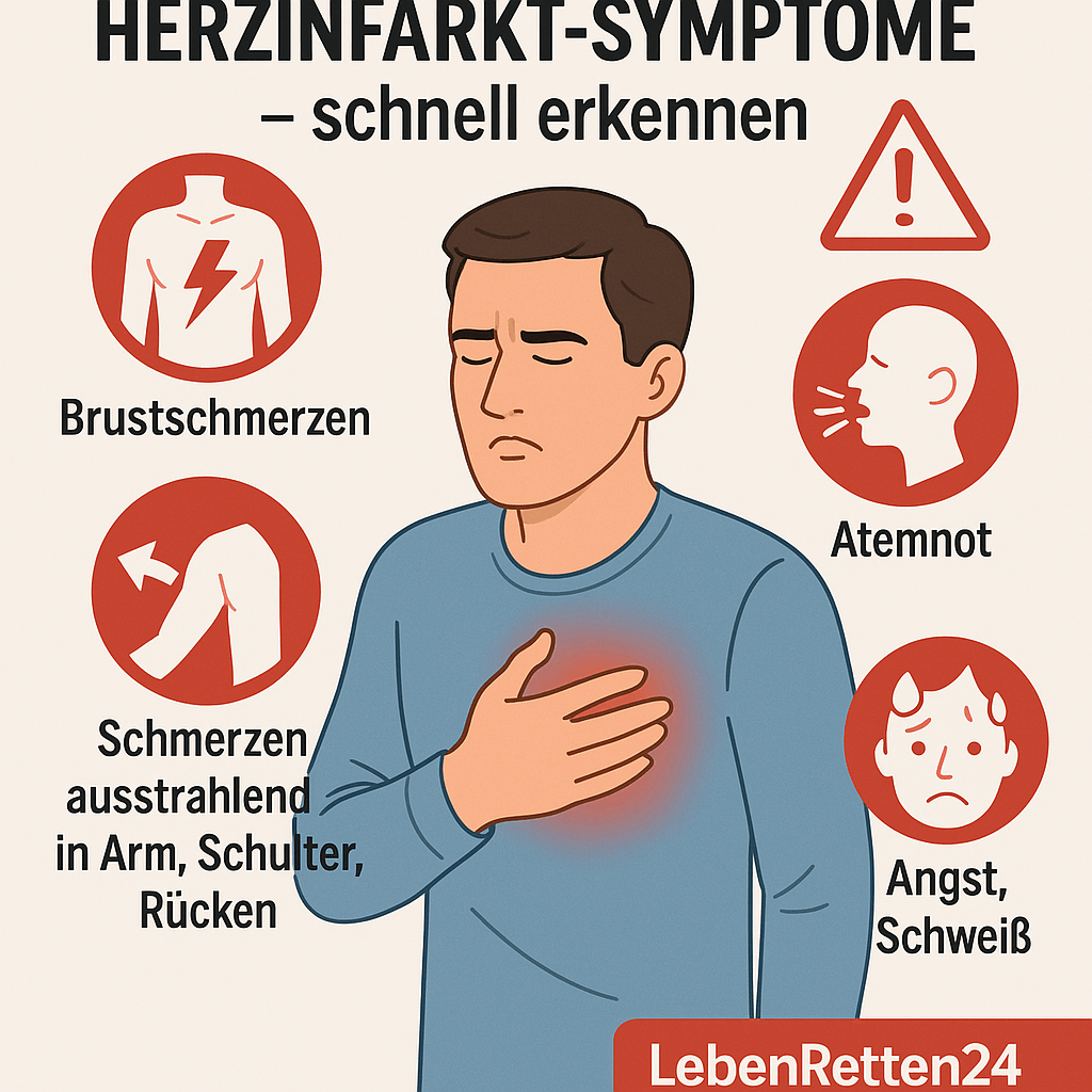 Illustration zeigt typische Herzinfarkt-Symptome: Brustschmerzen, Atemnot, ausstrahlende Schmerzen in Arm, Schulter oder Rücken sowie Angst und Schweiß – erklärt von LebenRetten24.