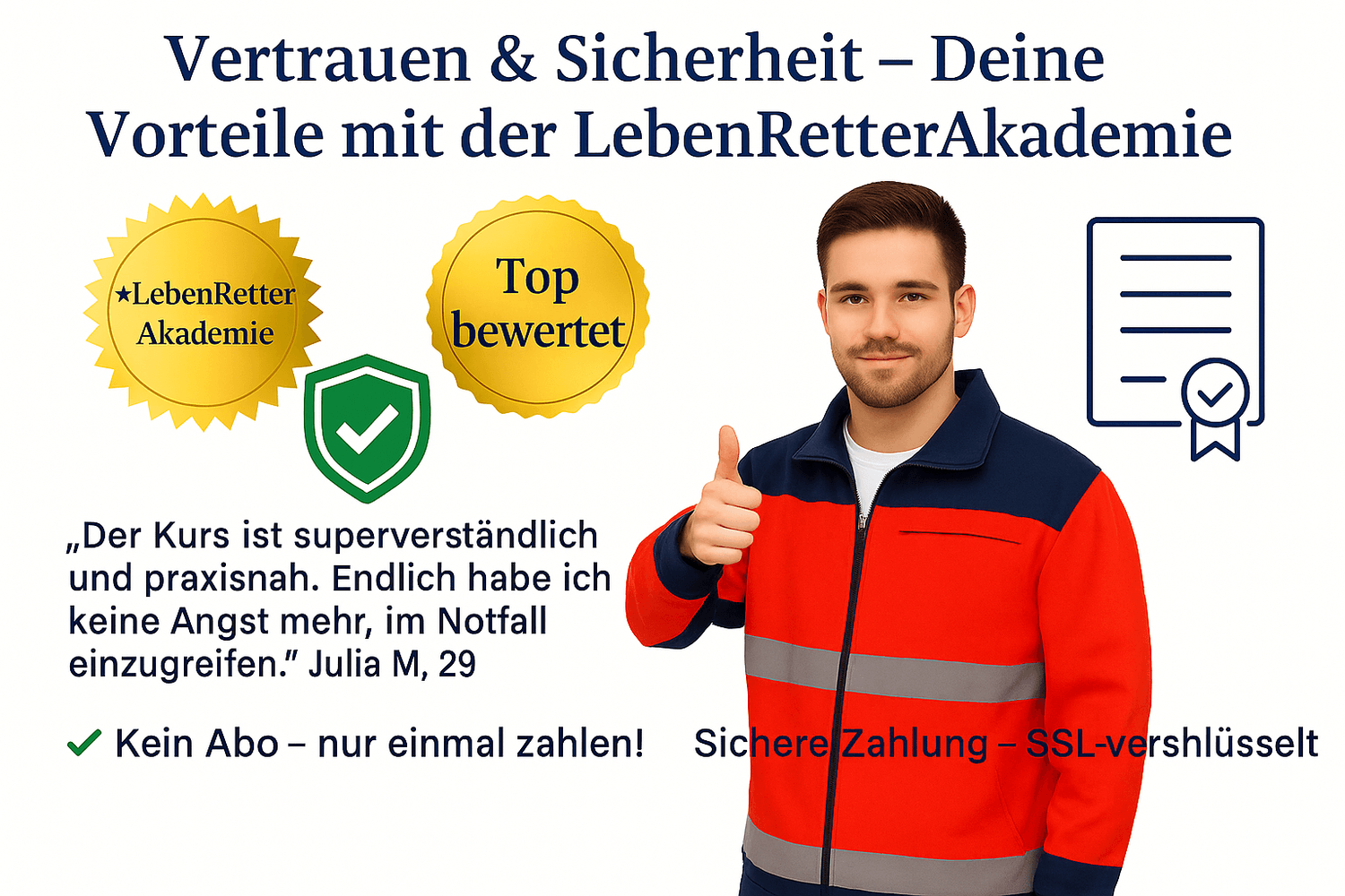 Vertrauen und Sicherheit bei der LebenRetterAkademie – Top bewertet, SSL-verschlüsselte Zahlung, kein Abo, zufriedene Kursteilnehmer