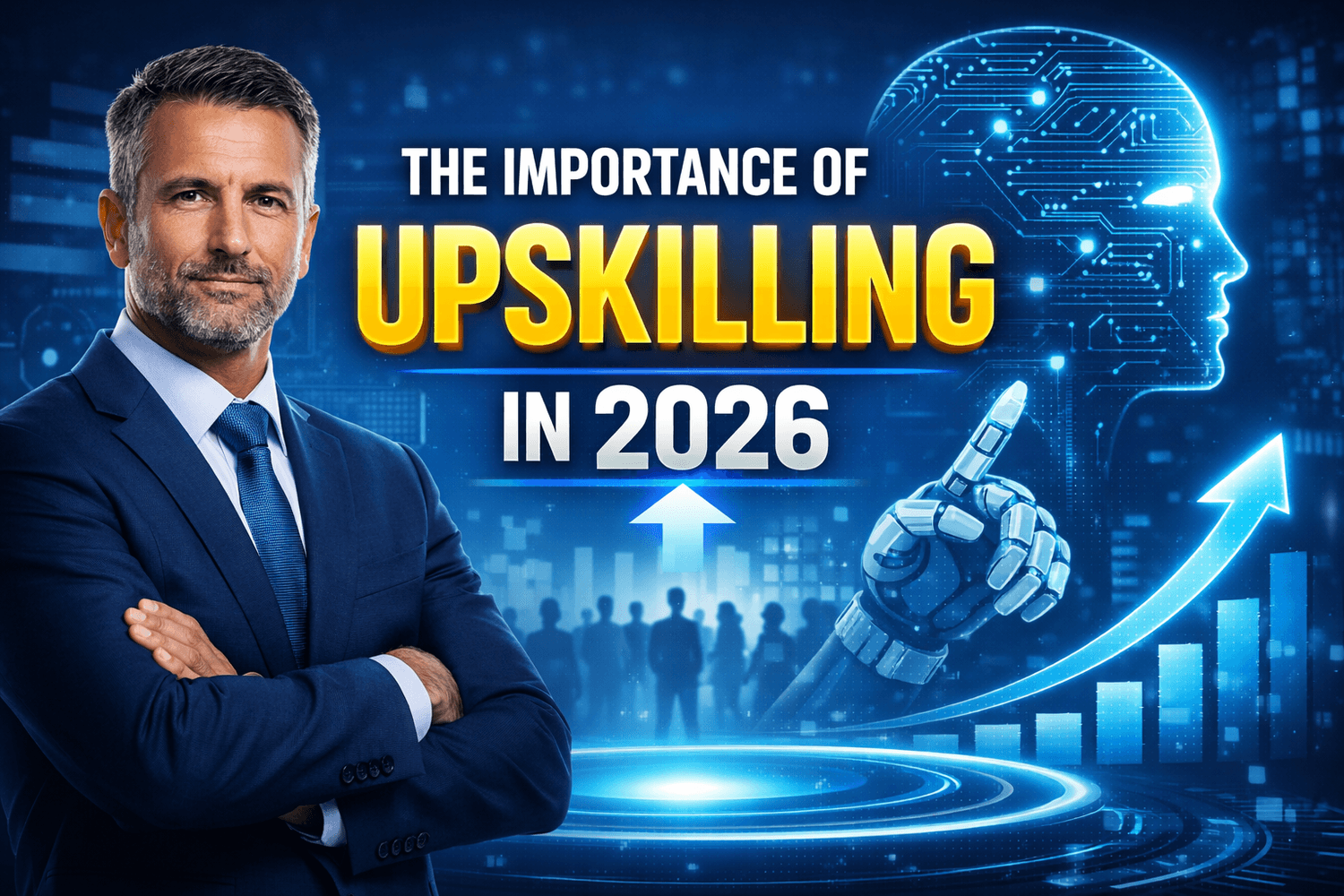 Ultra HD 16:9 thumbnail showing a confident middle-aged businessman in a navy suit with folded arms on the left, set against a futuristic blue digital background. Large bold yellow text reads “UPSKILLING” with “The Importance of Upskilling in 2026” above and below it. On the right, a glowing AI head silhouette with circuit patterns and a robotic hand pointing upward appears alongside a rising bar graph and upward arrow, symbolizing growth, technology, and career advancement in 2026.