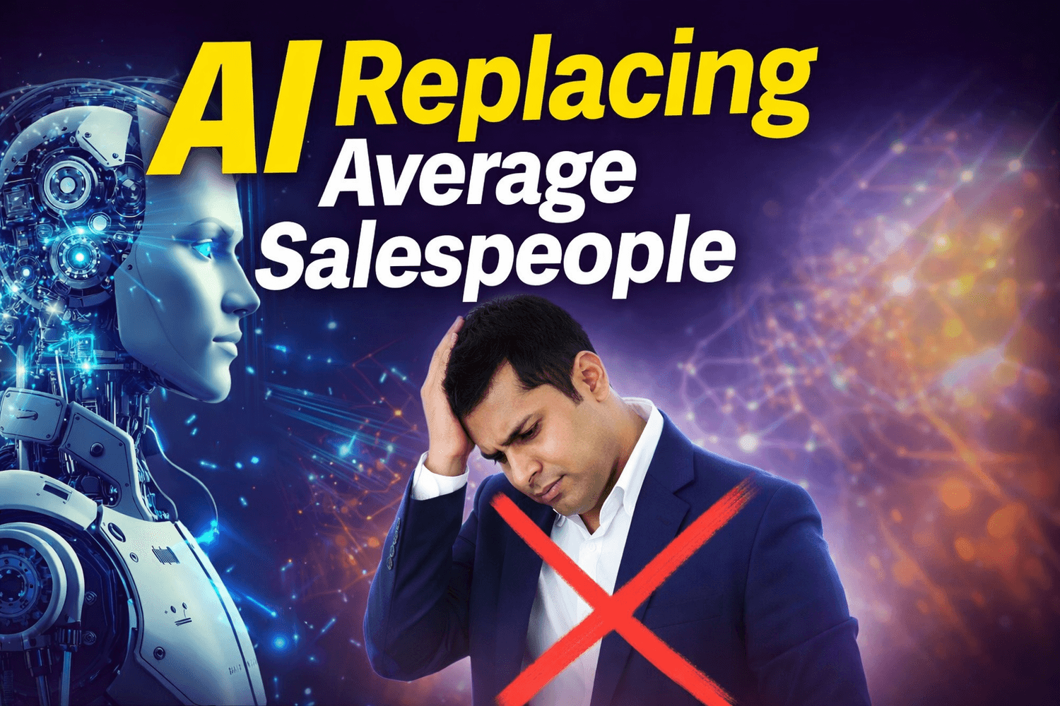 A bold thumbnail showing a humanoid robot on the left and a stressed businessman with a red X mark on the right, with large text “AI Replacing Average Salespeople,” illustrating how artificial intelligence is replacing low-performing sales roles.