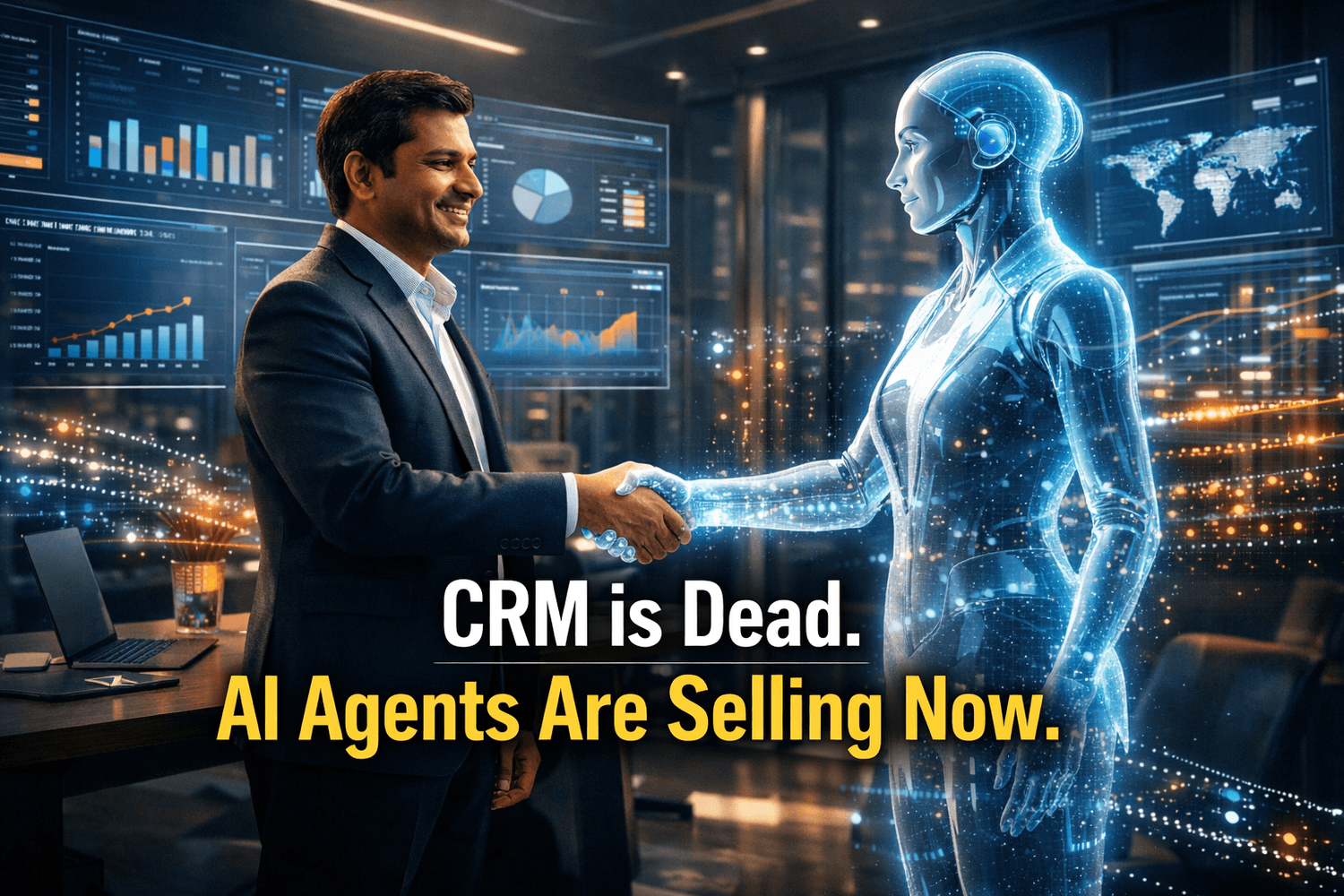 A futuristic corporate office scene where a professional salesperson in formal attire shakes hands with a glowing, holographic AI assistant. Surrounding them are floating digital dashboards displaying charts, graphs, and global data. The environment has cinematic lighting with high contrast, and the background shows a modern cityscape at night. Bold overlay text reads: “CRM is Dead. AI Agents Are Selling Now.”