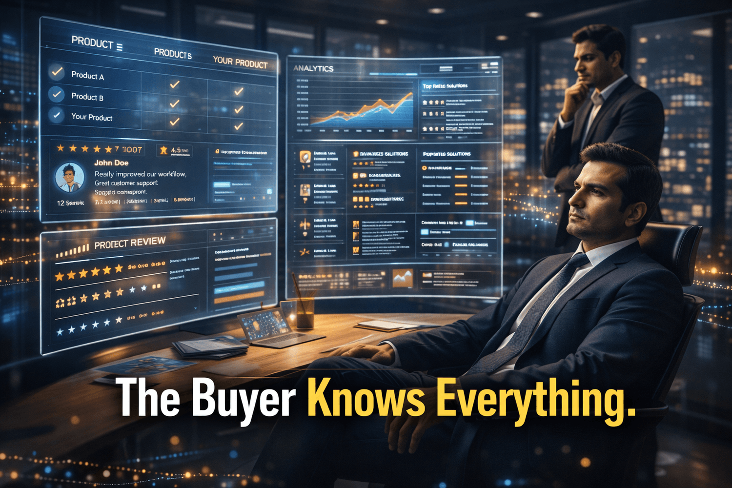 A futuristic corporate office scene where a professional salesperson in formal attire shakes hands with a glowing, holographic AI assistant. Surrounding them are floating digital dashboards displaying charts, graphs, and global data. The environment has cinematic lighting with high contrast, and the background shows a modern cityscape at night. Bold overlay text reads: “CRM is Dead. AI Agents Are Selling Now.”