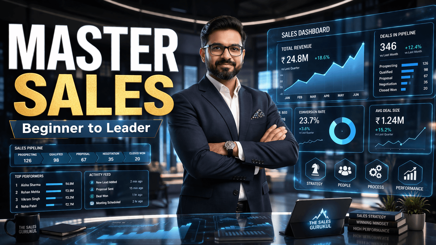 Confident business professional standing in a futuristic sales command center with holographic dashboards displaying sales pipeline, conversion rates, and performance metrics, representing mastery of modern sales skills and leadership.