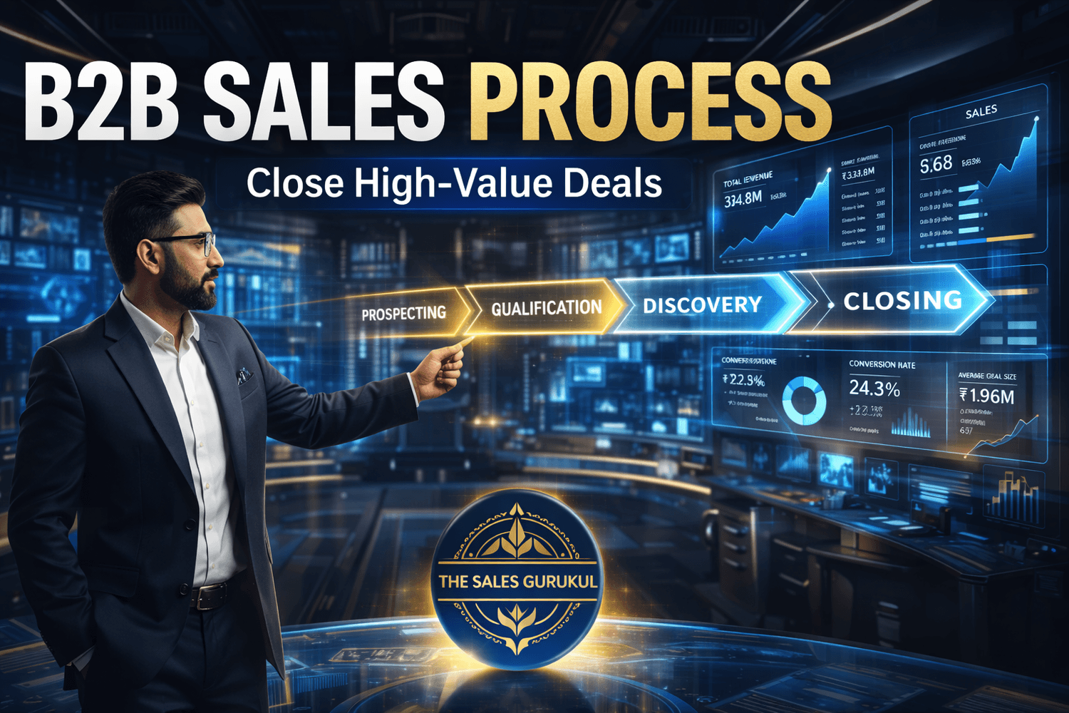 A confident business leader in a futuristic sales command center pointing at a glowing B2B sales pipeline with stages from prospecting to closing, surrounded by holographic dashboards displaying revenue growth, conversion metrics, and sales performance, with The Sales Gurukul logo highlighted at the bottom.