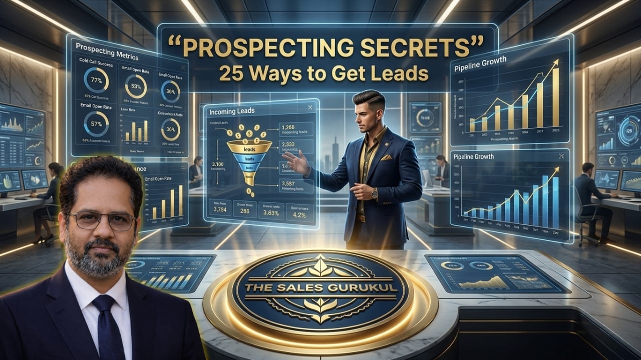 Futuristic sales command center with holographic dashboards displaying prospecting metrics, lead funnels, and pipeline growth, featuring a confident sales professional analyzing data and The Sales Gurukul logo highlighted at the center, representing advanced lead generation strategies.