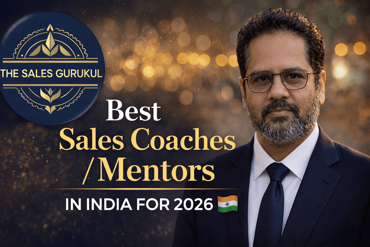 Professional 16:9 thumbnail featuring a confident Indian sales coach in a formal suit with The Sales Gurukul logo, highlighting “Best Sales Coaches / Mentors in India for 2026” against a premium golden bokeh background.