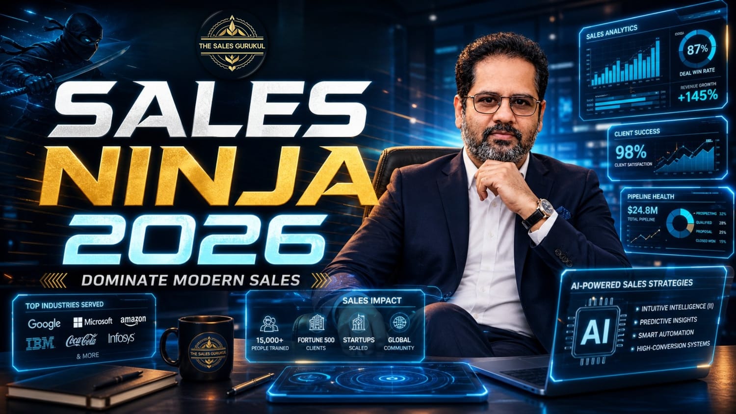 Professional 16:9 thumbnail featuring a confident Indian sales coach in a formal suit with The Sales Gurukul logo, highlighting “Best Sales Coaches / Mentors in India for 2026” against a premium golden bokeh background.
