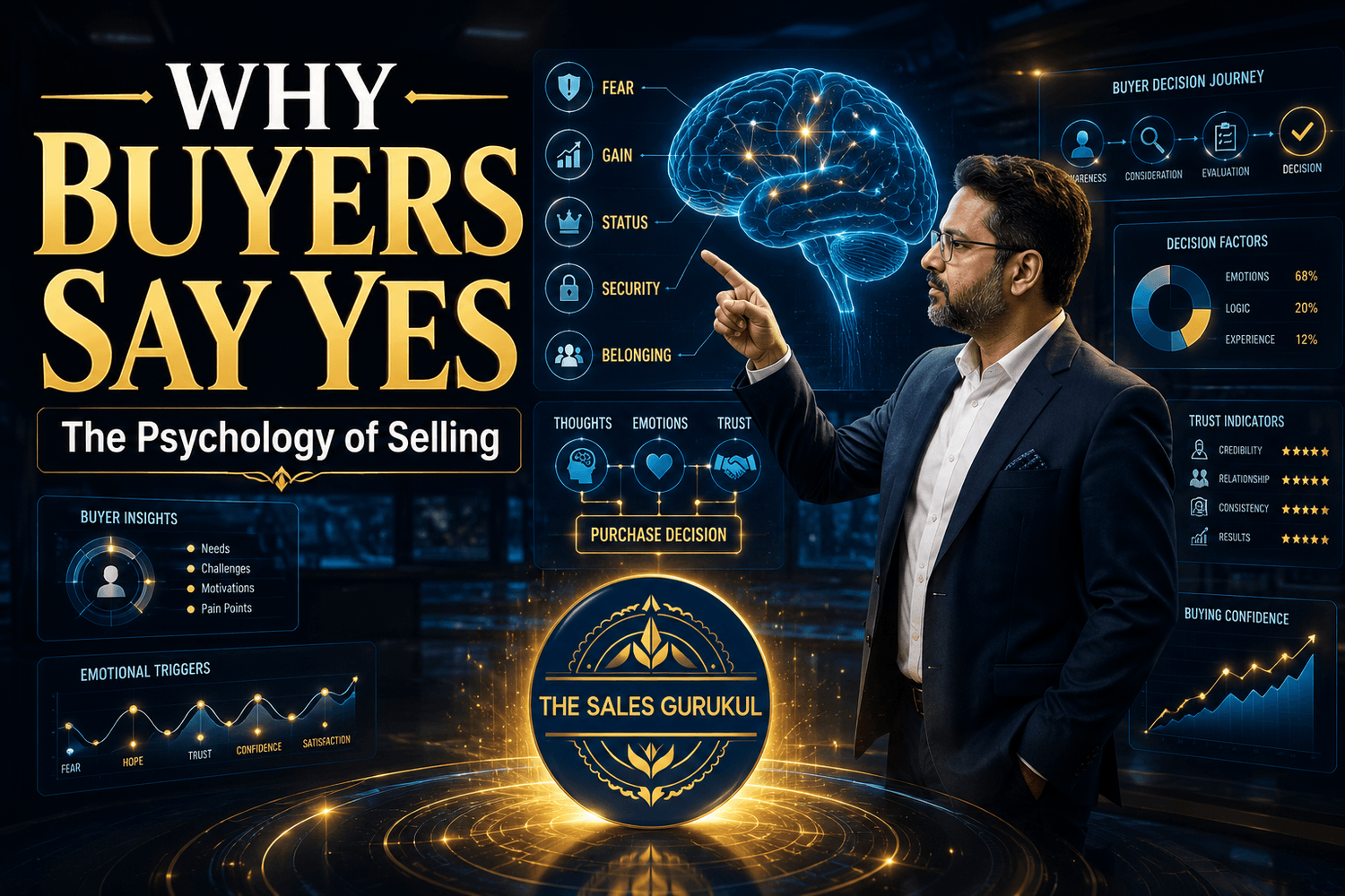 A futuristic sales psychology command center featuring a confident sales leader analyzing a holographic brain visualization that represents buyer decision-making and purchasing behavior. Interactive dashboards display emotional triggers, trust indicators, buyer journey stages, and decision factors, while premium blue and gold lighting creates a high-end corporate atmosphere. The headline “WHY BUYERS SAY YES” highlights the psychology of selling, and The Sales Gurukul logo is prominently displayed as a glowing authority seal at the center, symbolizing expertise in sales training, sales leadership, buyer psychology, and high-performance selling.