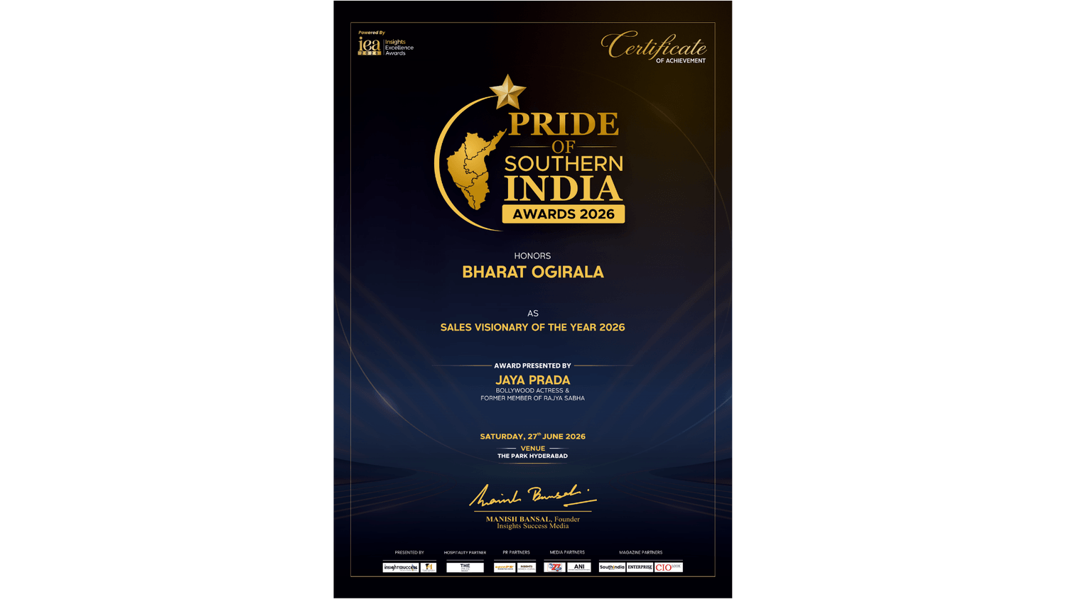 Bharat Ogirala receiving the Sales Visionary of the Year 2026 award