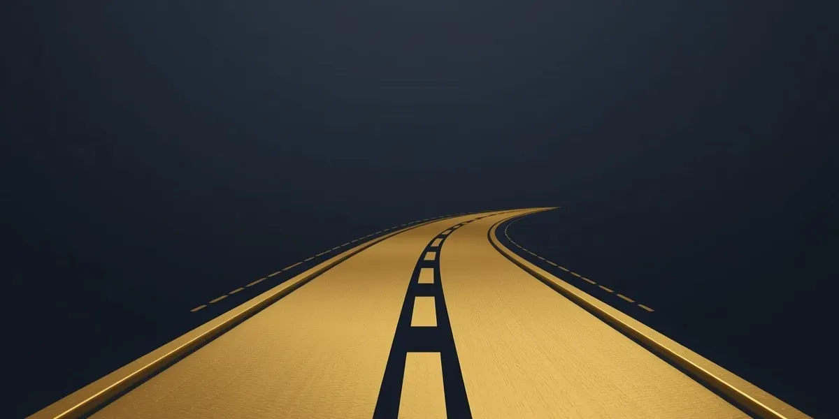 A gold road leading forward on a navy background