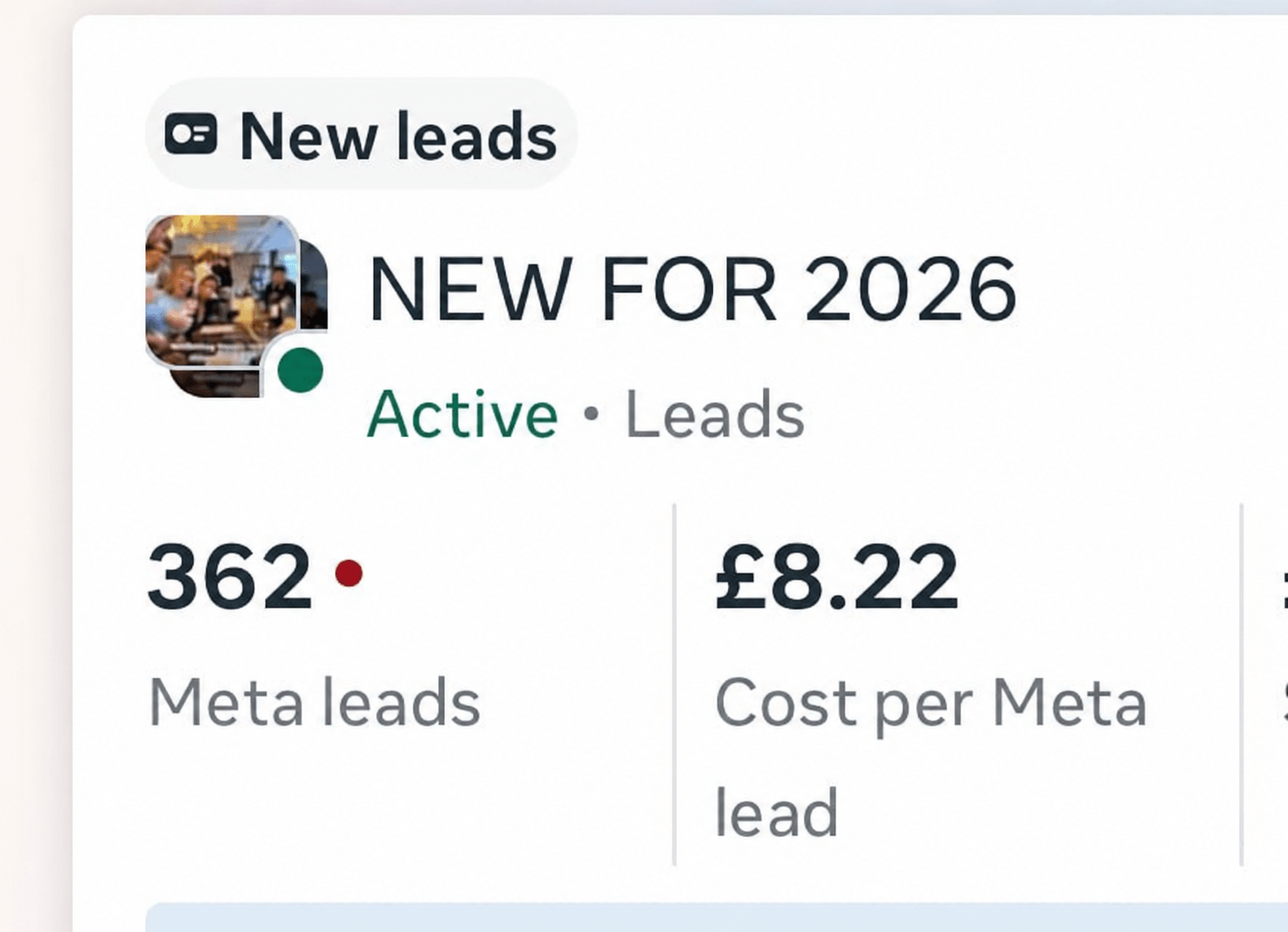 Most recent campaign: 362 leads at £8.22 per lead