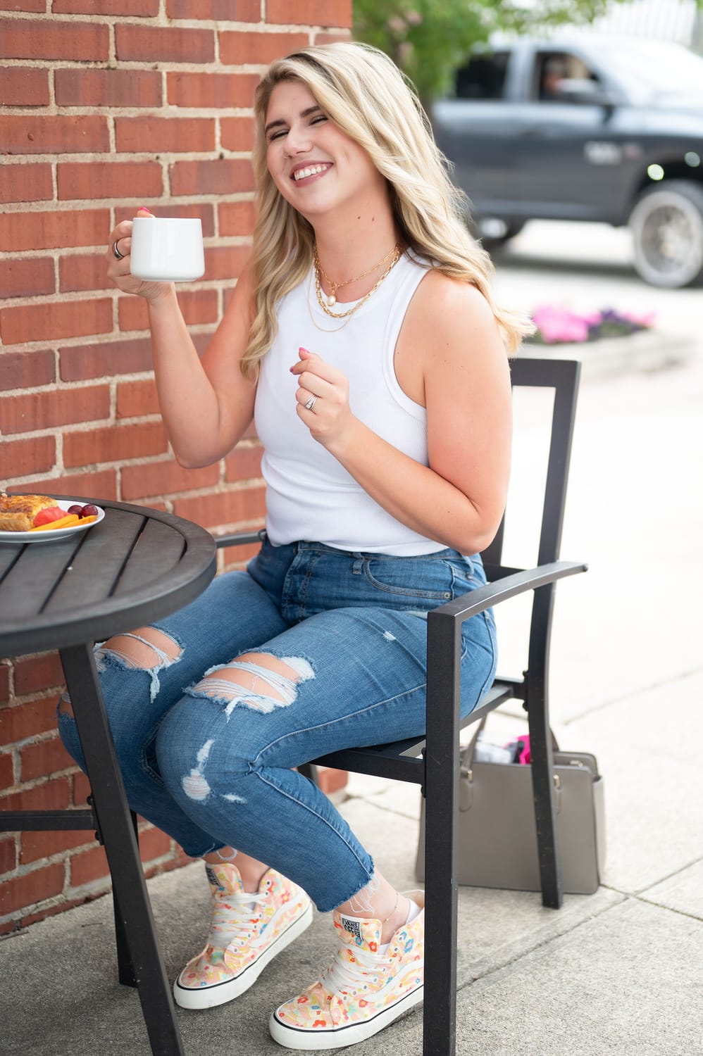 Burnout Recovery coach for Rad Techs Mary Hodson drinking coffee outside