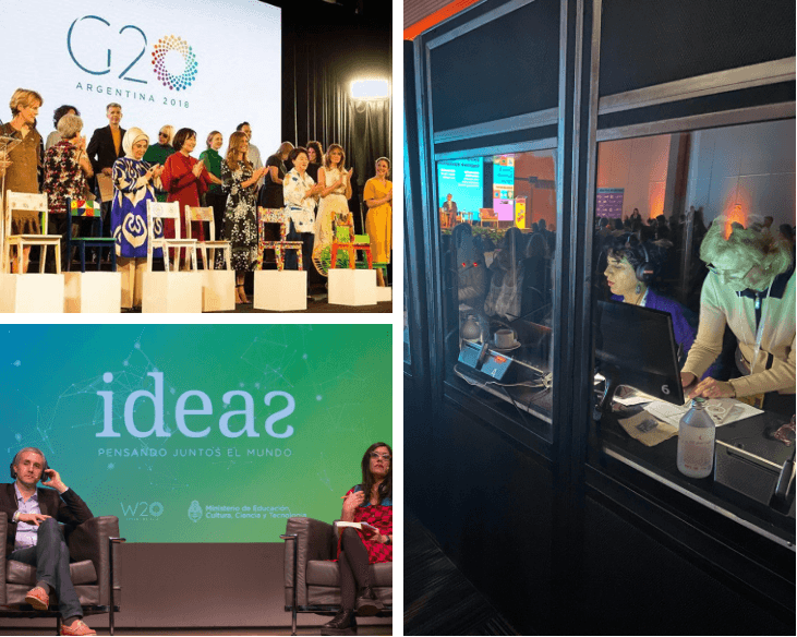 Intérpretes profesionales en acción durante eventos internacionales como el G20 y la cumbre IDEAS, coordinados por Casabest Communications.