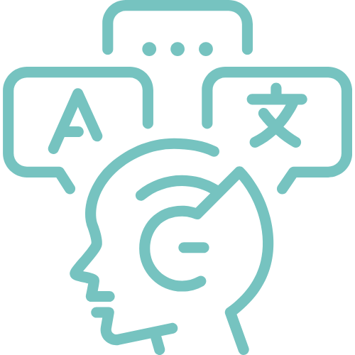 Icono de globos de diálogo multilingües representando interpretación simultánea y consecutiva.