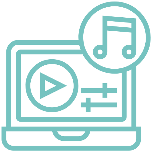 Icono de pantalla con botones de reproducción que representa soluciones audiovisuales para eventos.