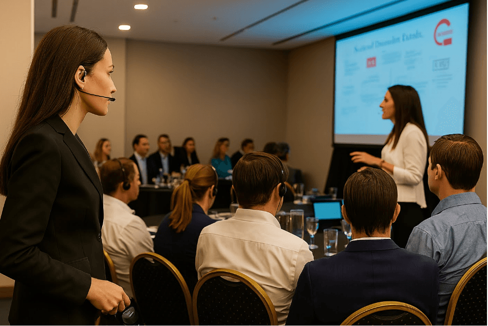 Intérprete con micrófono y receptores portátiles para interpretación en reuniones, visitas y espacios en movimiento.