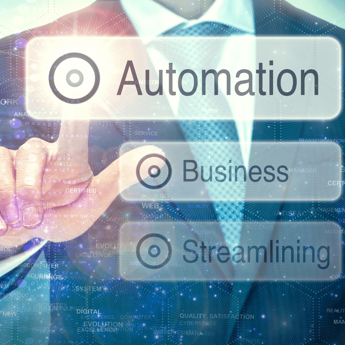 A person's finger selecting "Automation" on a futuristic touch screen with "Business" and "Streamlining" also visible, representing AI automation and workflow building services specifically for women-owned businesses.