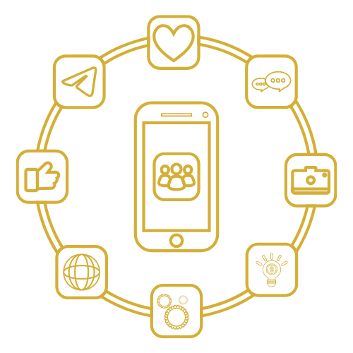 A smartphone icon surrounded by smaller icons for social media, a heart for engagement, a camera for visual content, a globe for web presence, and a lightbulb for creative ideas, symbolizing comprehensive digital marketing services.