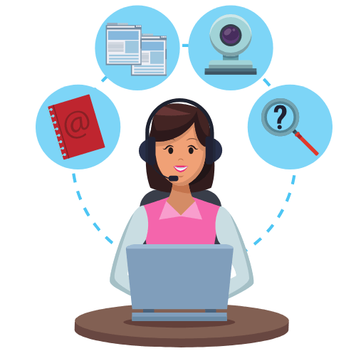 A smiling virtual assistant wearing a headset and using a laptop, with icons for a webcam, web pages, a notebook, and a magnifying glass, symbolizing professional virtual assistant services.