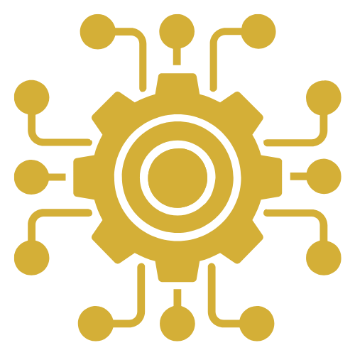 A gold gear icon with circuit board connections, representing automated workflows and business systems for efficiency.