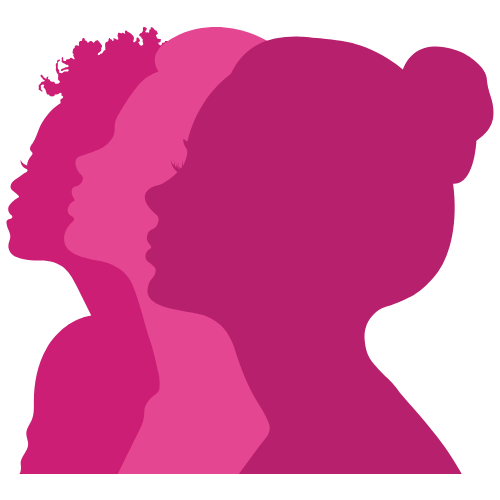 A silhouette graphic of three women in profile in shades of pink, representing a healing community for women ready for growth after trauma.