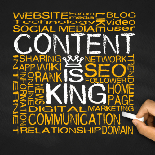 A chalkboard with "Content Is King" written in the center and other words like "SEO," "Blog," and "Social Media" around it, representing ghostwriting and strategic content creation.