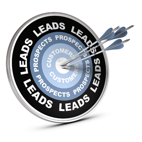 A target with "Leads," "Prospects," and "Customers" in its rings, hit with arrows, symbolizing effective lead generation and warm outreach.