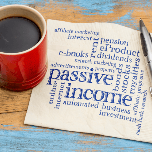 A napkin with a word cloud centered on "Passive Income," and related online income strategies including affiliate marketing, e-books, royalties, and investments.