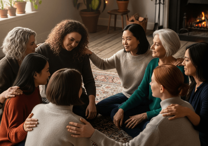 A diverse group of women in a warm, inviting space, holding hands and smiling as they support each other through their healing journeys.