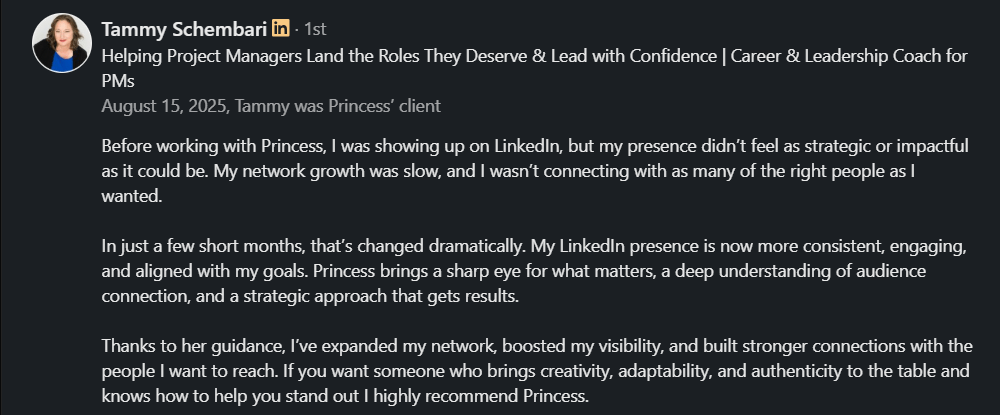 A screenshot of a LinkedIn testimonial from client Tammy Schembari, a career and leadership coach, praising the personal branding service for transforming her presence, boosting visibility, and building stronger connections with her target audience.