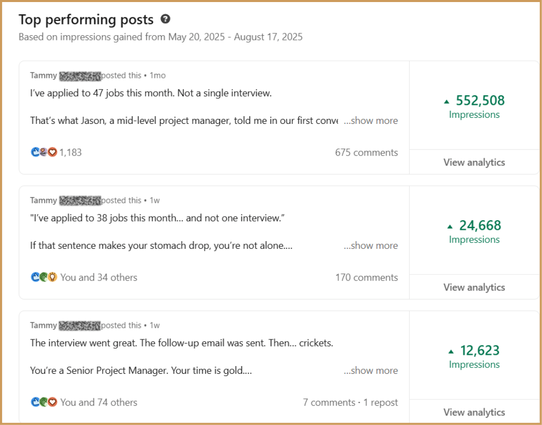 A list of the top-performing LinkedIn posts by the career coach, including a viral post with over 552,508 impressions and 675 comments, demonstrating the massive content reach and engagement achieved