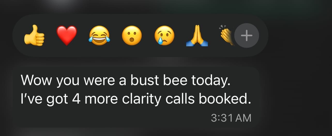 A text message screenshot from the client stating they have booked '4 more clarity calls,' providing ongoing evidence of the successful lead generation strategy