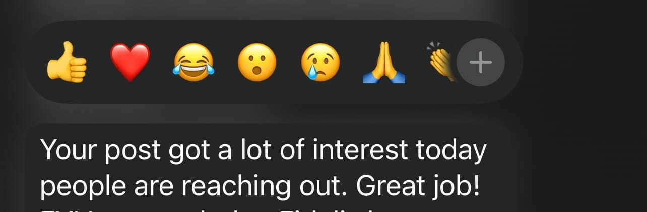 A text message screenshot confirming that a post received a lot of interest, with people reaching out directly, showing the success of the content strategy in generating inbound leads.