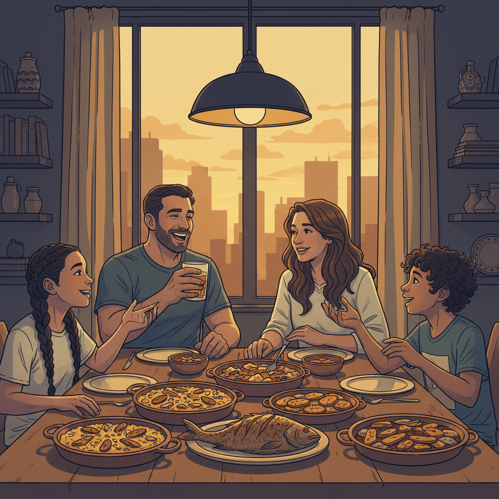 La familia bicultural hispana Valiente disfruta de una cena animada.