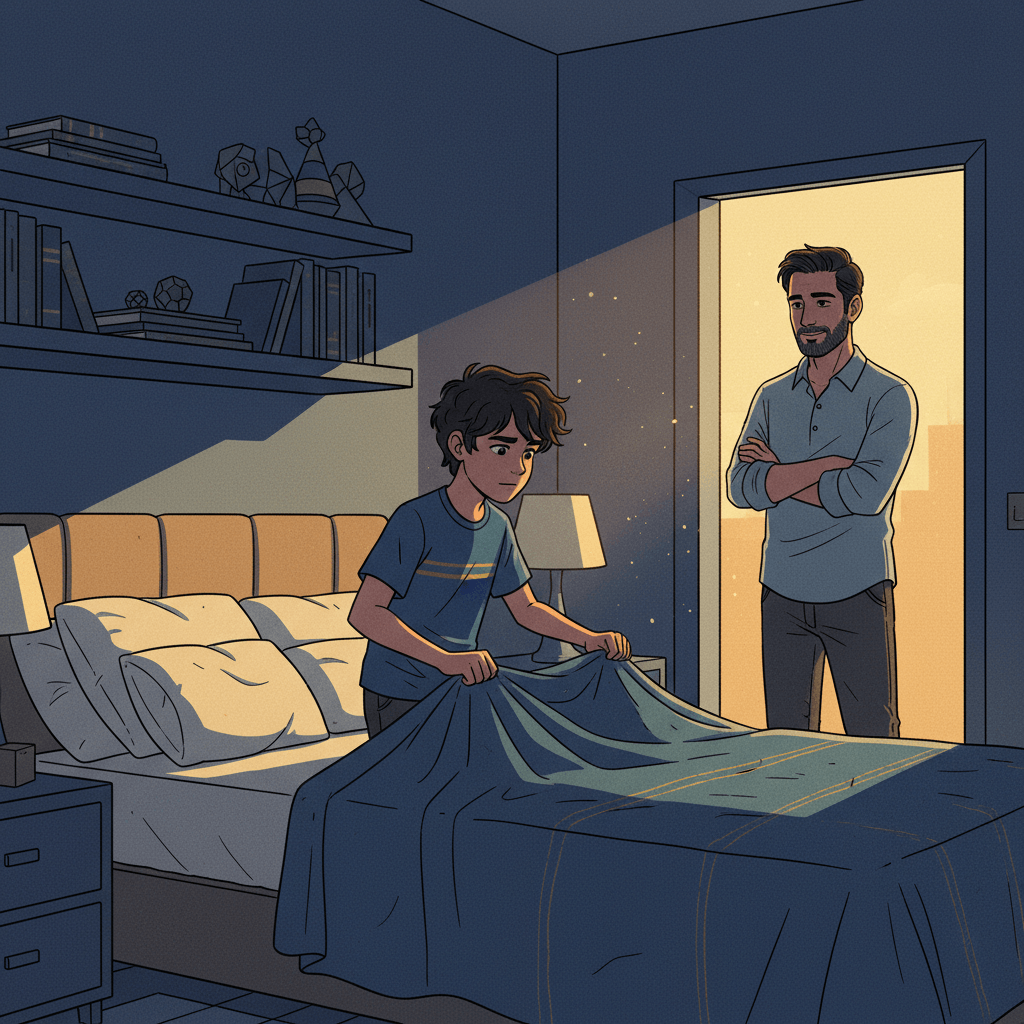 Diego Valiente, 12, hace su cama con orgullo mientras su padre Marco, 42, lo observa, mostrando cómo las tareas del hogar construyen carácter y responsabilidad.