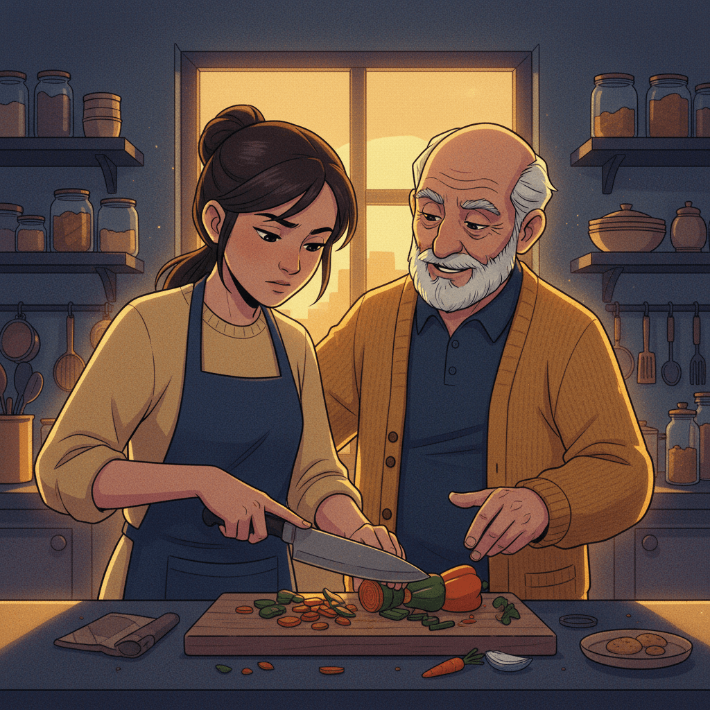 Sofía Valiente, 16, y Abuelo Rodrigo, 68, cocinando juntos en la cocina, ilustrando cómo las tareas del hogar son una contribución con propósito y conexión familiar.