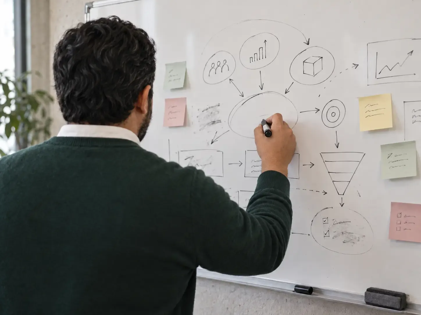Over Diego's shoulder as he maps a client's business idea on a whiteboard