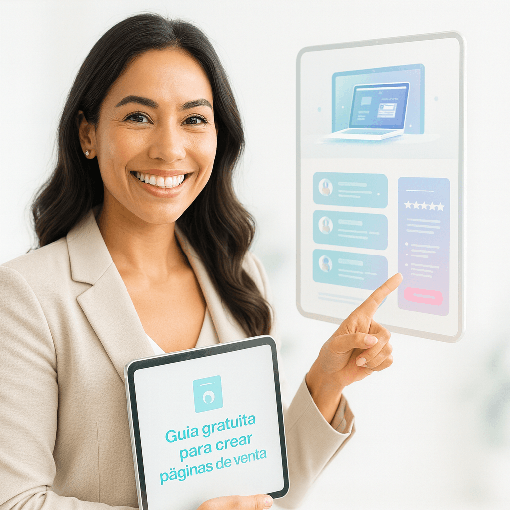 Emprendedora creando su página de ventas en un escritorio luminoso