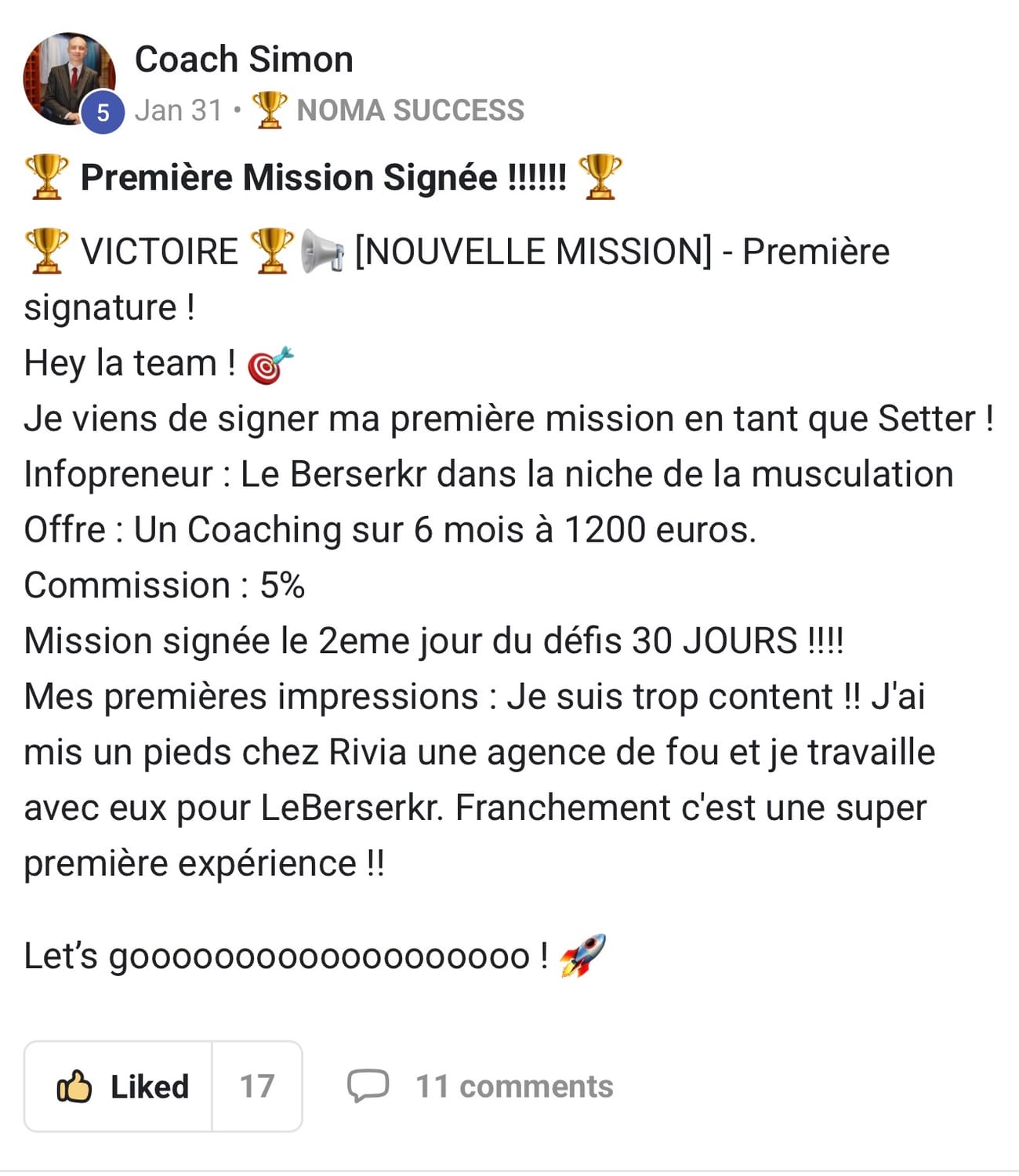 Coach Simon — 31 Jan, première mission signée