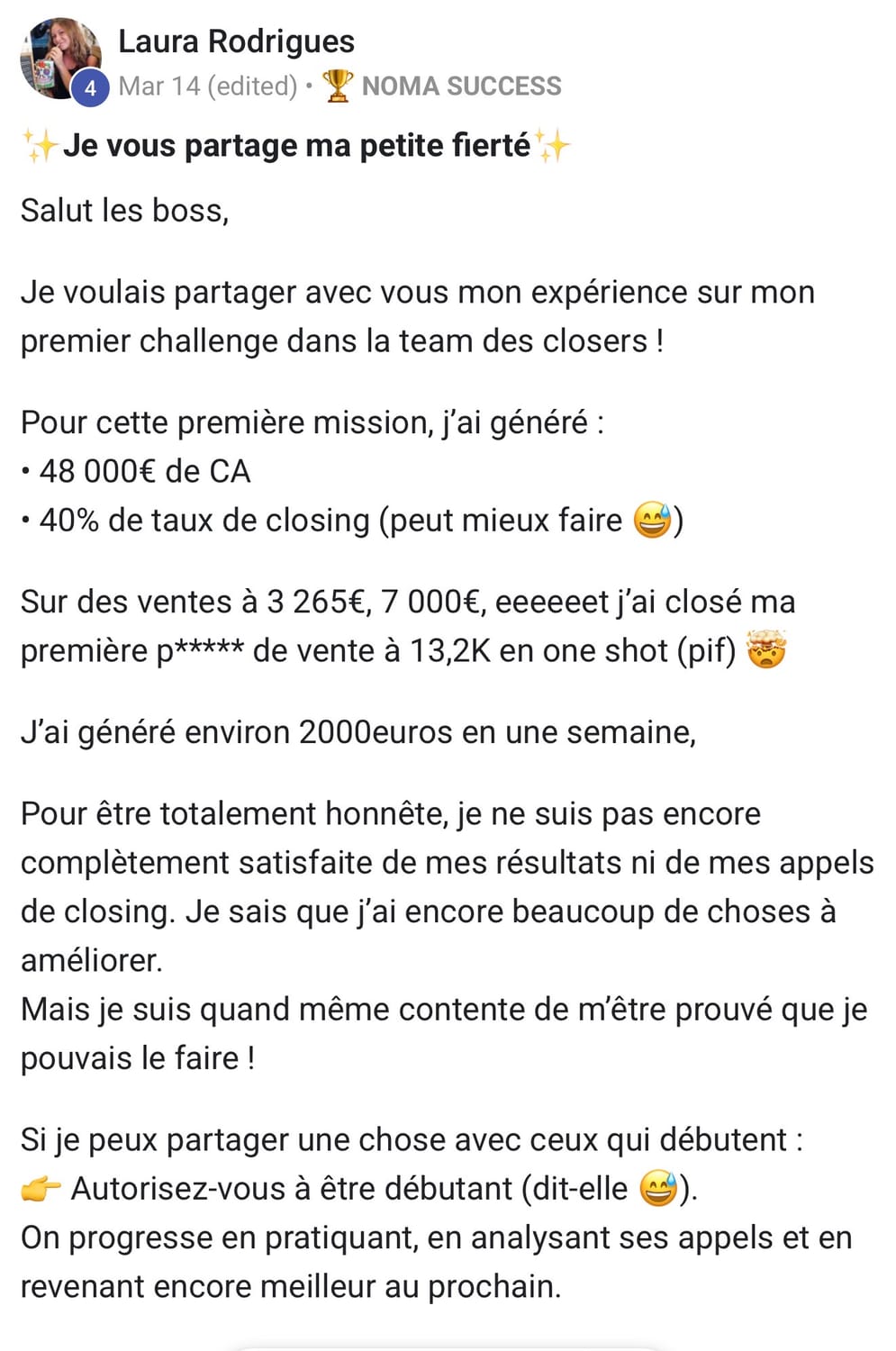 Laura Rodrigues — 14 Mars, premier challenge closer
