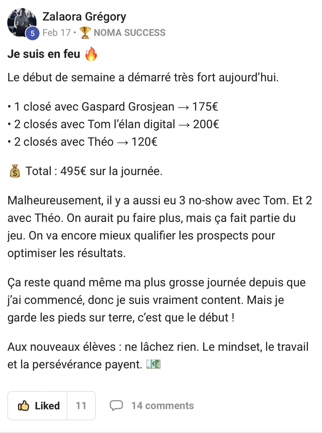 Zalaora Grégory — 17 Fév, 5 closes 495€ journée