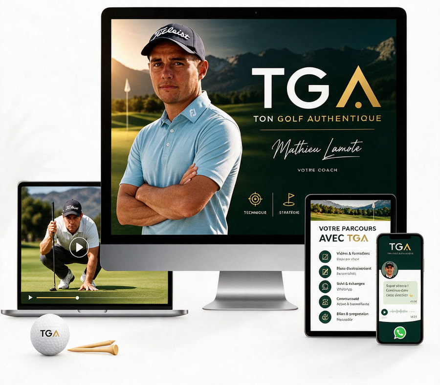 L'Académie Ton Golf Authentique sur ordinateur, tablette et mobile : vidéos, plans d'entraînement, suivi WhatsApp et communauté