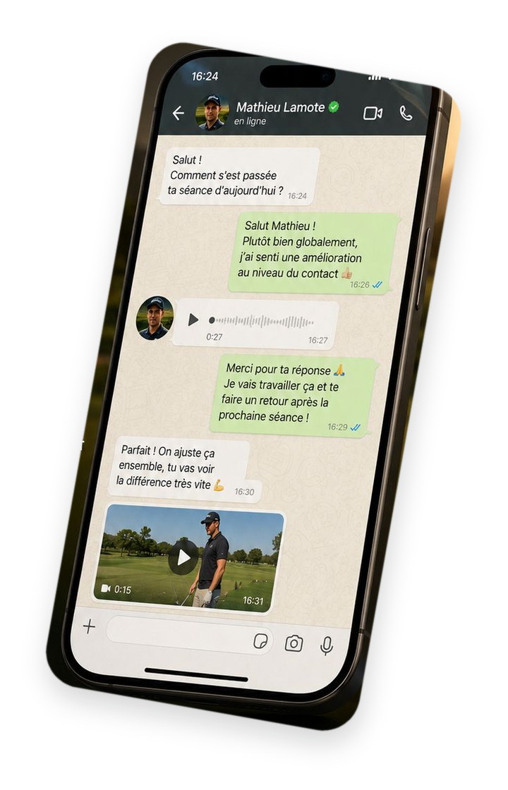 Échange WhatsApp entre un élève et Mathieu Lamote après une séance d'entraînement