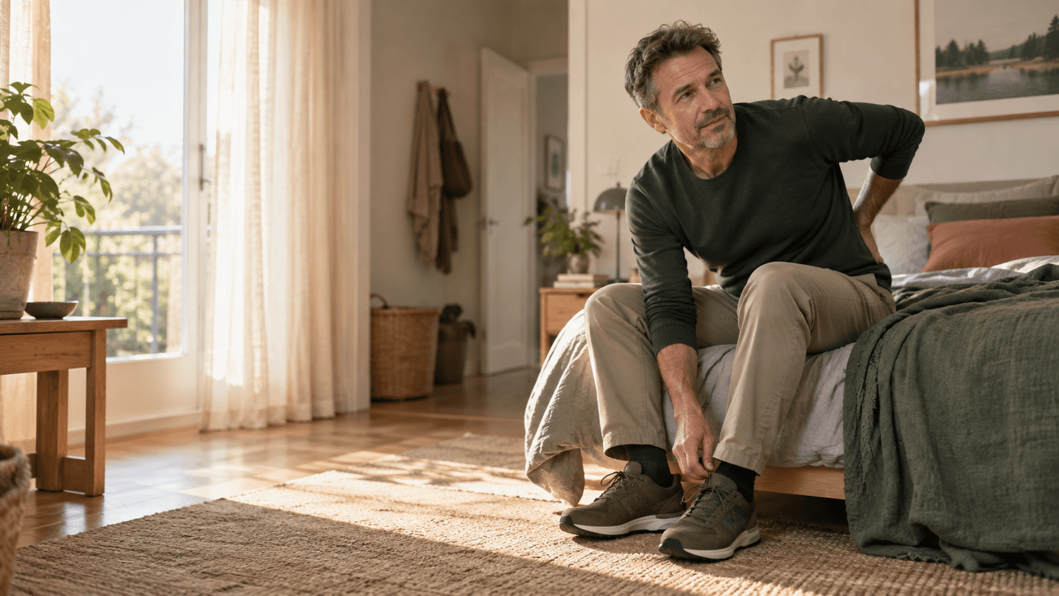 Mann zieht sich entspannt die Schuhe an
