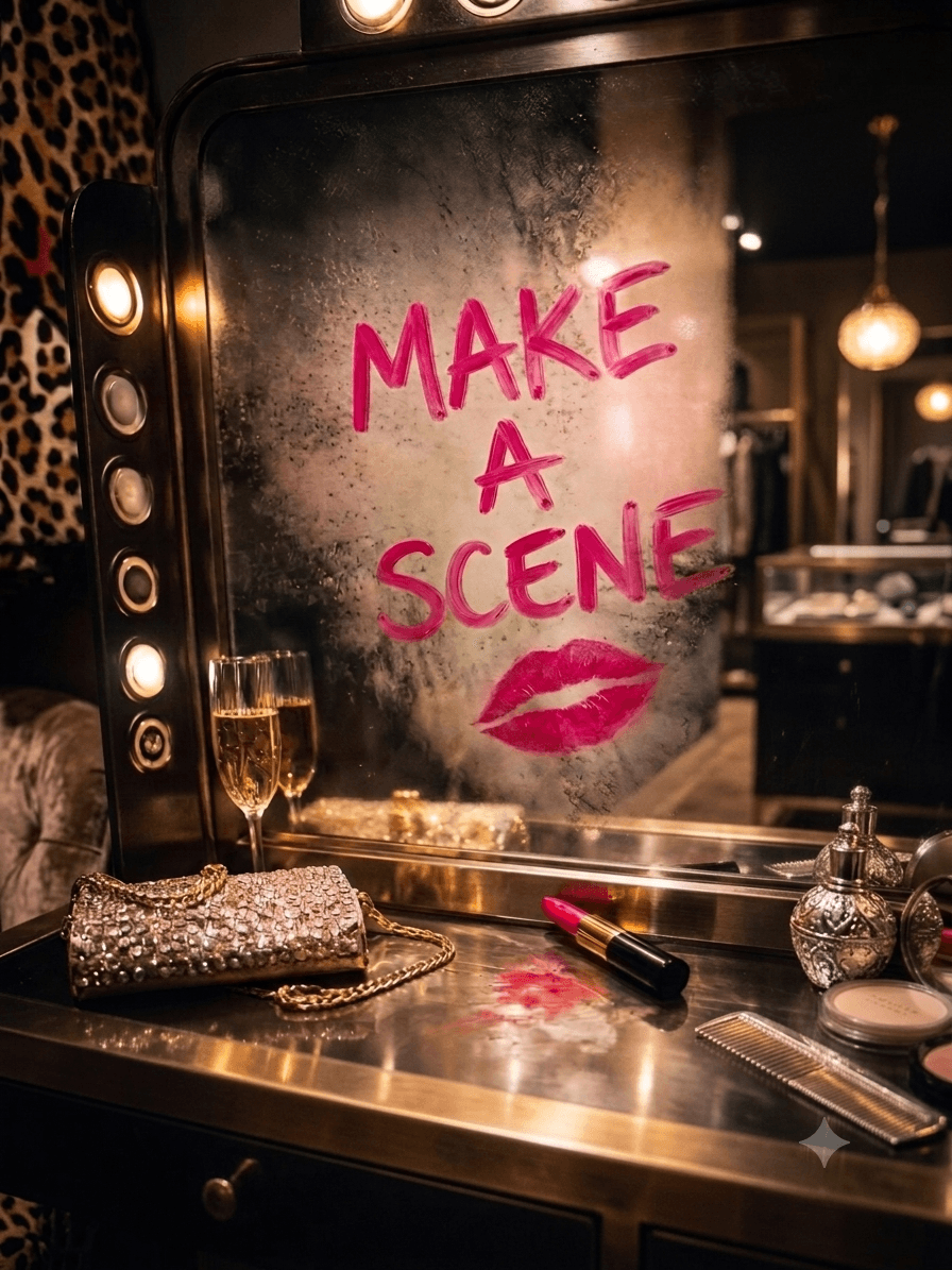 Make A Scene, written in lipstick on a vanity mirror