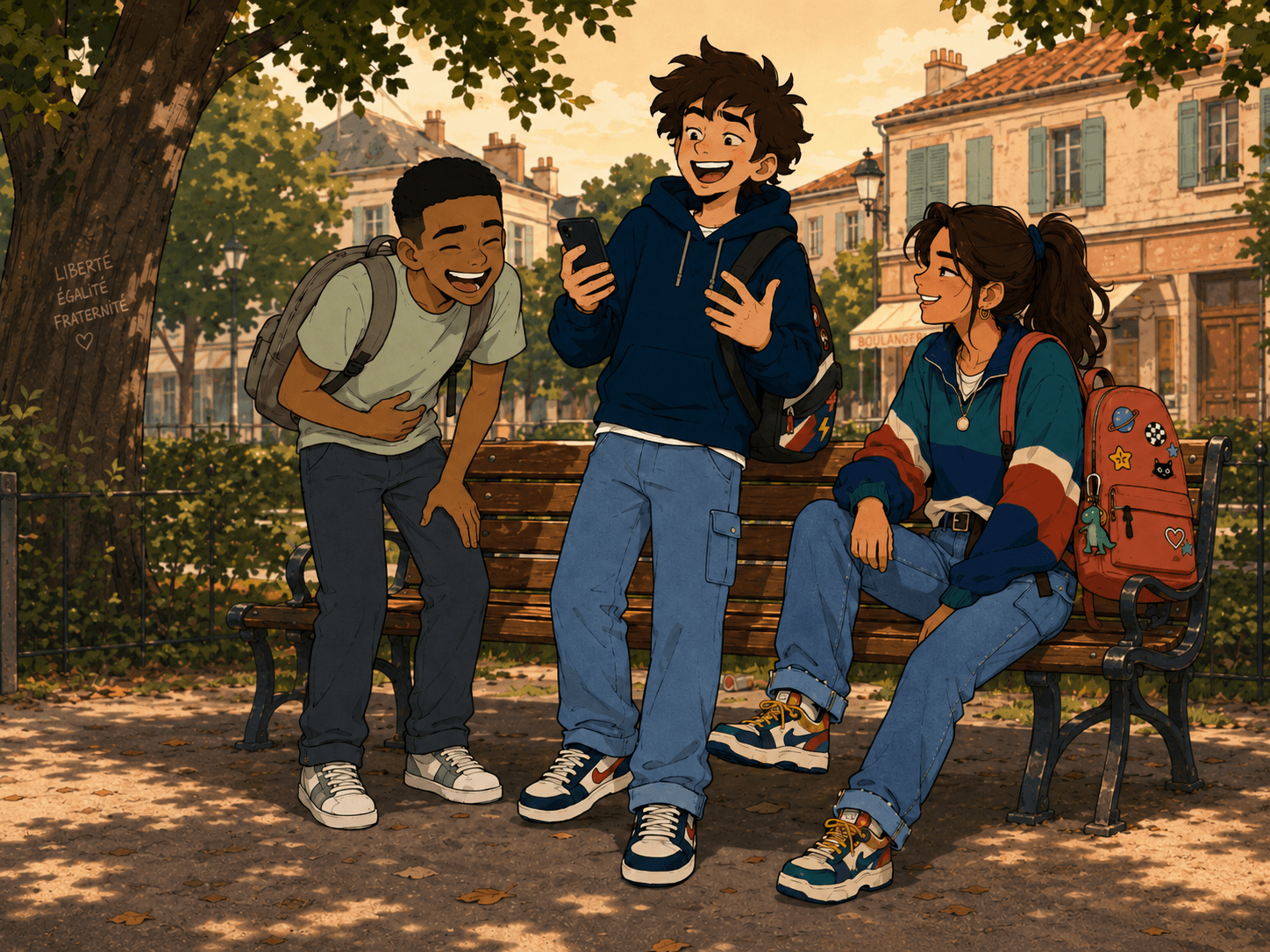 Léon, Denis et Juliette sur le banc du parc