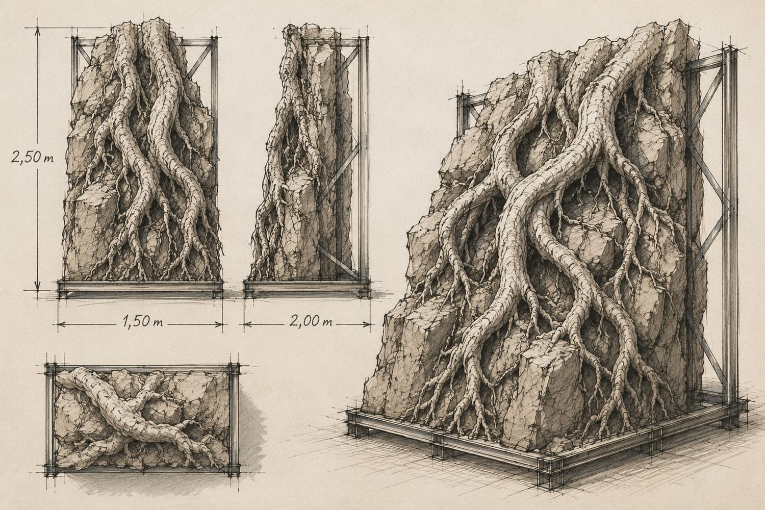 Croquis d’étude du Projet ARD n°001 montrant le principe de conception d’un décor transportable inspiré d’une souche et d’un bloc de granit.