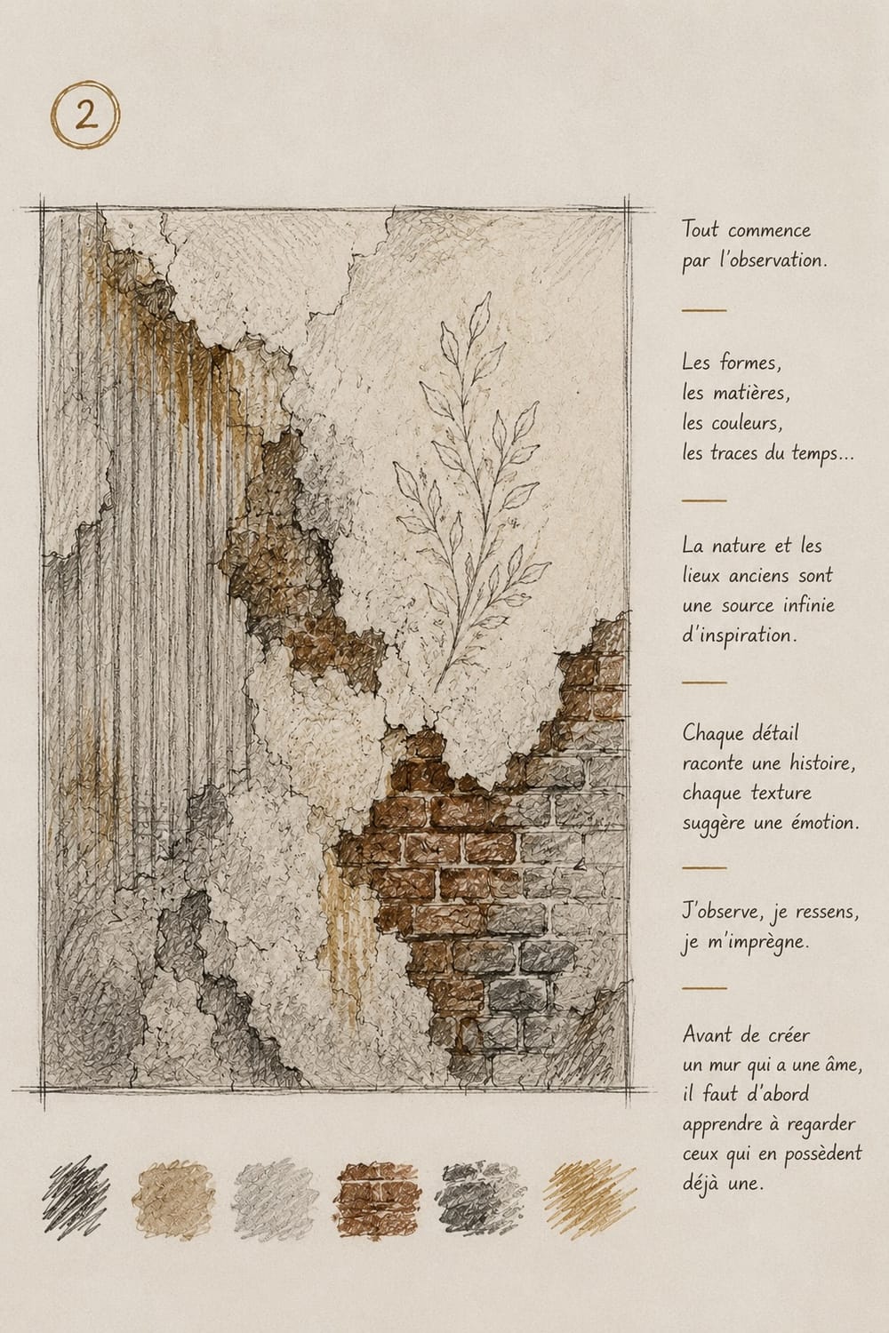 Croquis de composition montrant l’organisation des matières, des reliefs et des lignes de force d’un mur de caractère.